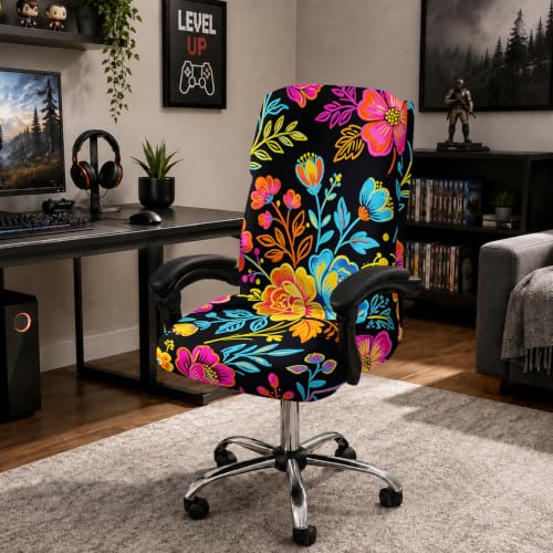 Boho Floral Stretch Office Chair Cover for High Back Desk Computer Chair - Vibrant Botanical Pattern