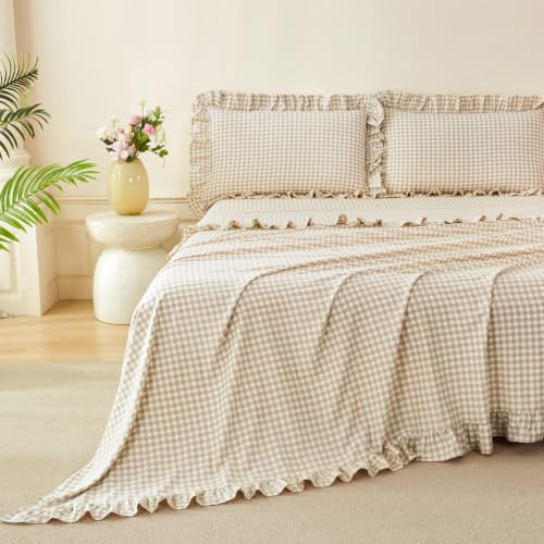 Tan Gingham Full Bed Sheet Set with Ruffle Trim - 4 Piece Farmhouse Bedding
