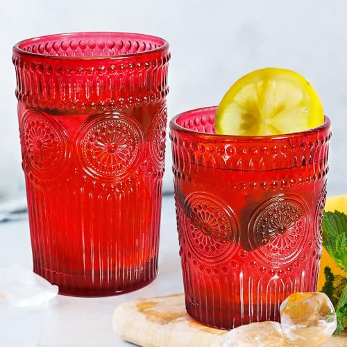 12 Pcs Vintage Highball Glass Set - 12oz & 9oz Embossed Ribbed Tumblers, Sunflower Pattern, Christmas Red (Variation: Red)