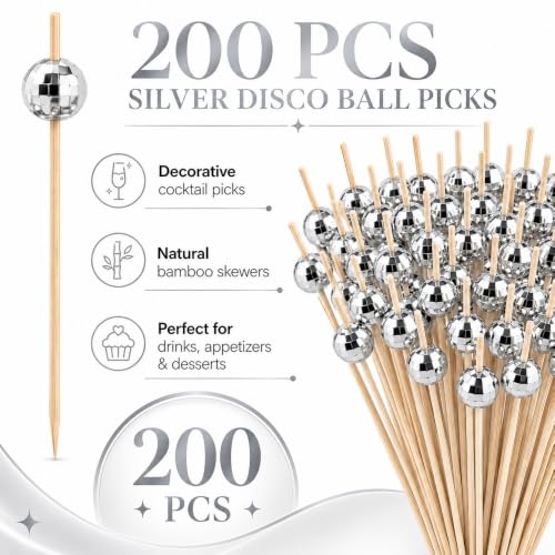 Silver Disco Ball Cocktail Picks - 200 Pack for Drinks, Appetizers & Parties
