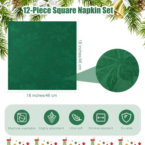 Green Jacquard Christmas Napkins Set - 12 Pieces, 18x18 Inches | Holiday Table Decor