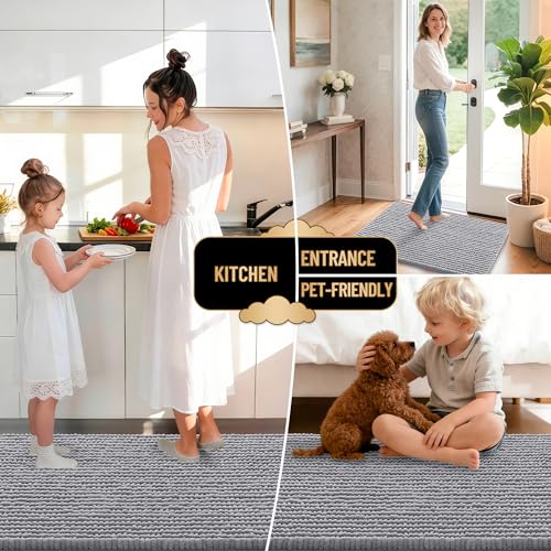 Olany 3-Piece Bathroom Rug Set - Grey, Ultra-Absorbent Chenille Bath Mats with U-Shaped Toilet Rug, Quick Dry, Non-Slip, Home Decor