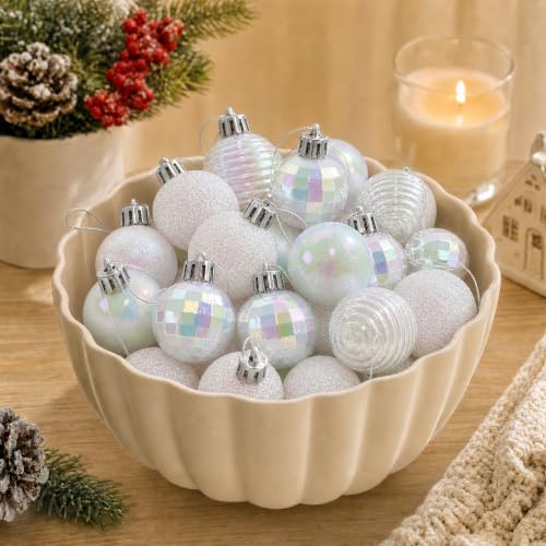 Mini Christmas Ball Ornaments 36 Pack White Rainbow Iridescent 1.2 Inch