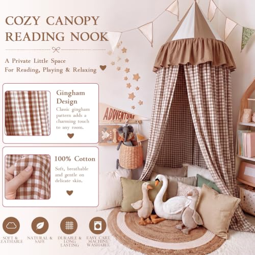 Beige Cotton Gingham Bed Canopy for Cribs & Twin Beds - Dreamy Nap Decor