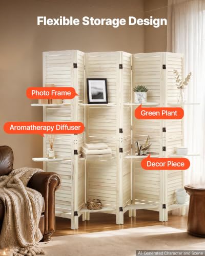Wood Room Divider 6 Panels Folding Privacy Screen with Shelves - VEVOR, White Variation