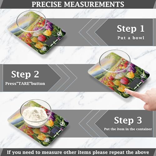 QwThum Food Scale Kitchen Digital Scale Food Ounces and Grams Dieting Baking Cooking Waterproof Glass Panels LCD Display,4 Units Scale Tare Function Cartoon Tulips