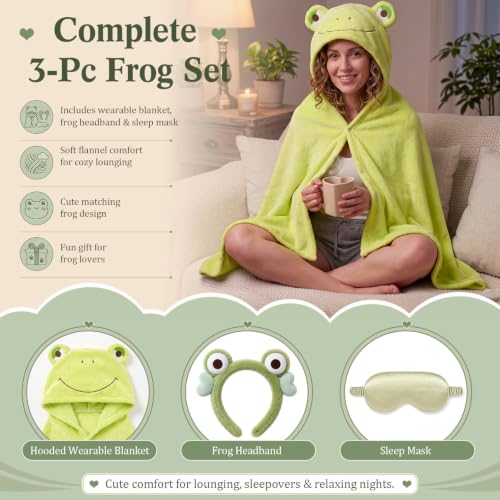 Frog Hooded Blanket Set with Headband and Sleep Mask - Cozy Green Loungewear