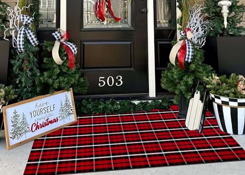 Christmas Outdoor Rug 3x5 ft Red Black Buffalo Check Front Porch Mat - Layering Decor