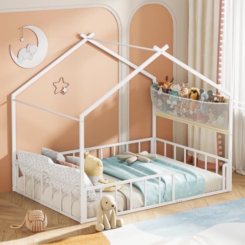 Timy Metal House Bed Frame Full Kids Floor Bed with Plushie Storage Net - White