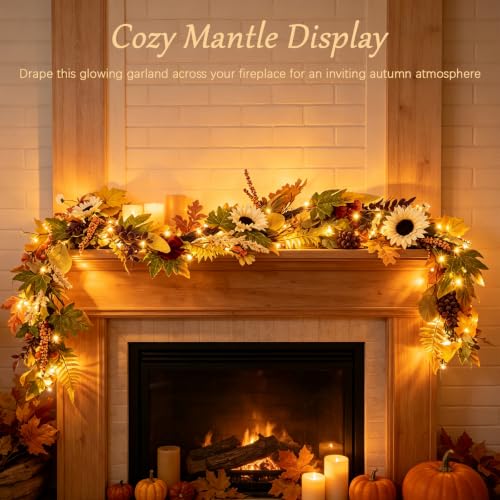 6FT Fall Garland with Lights Sunflower Pumpkin Berry Pinecone Decor for Autumn