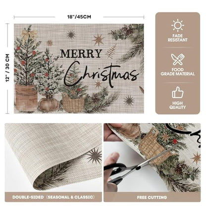 Christmas Placemats Set of 6 12x18 Inches Vinyl Holiday Table Mats - Beige