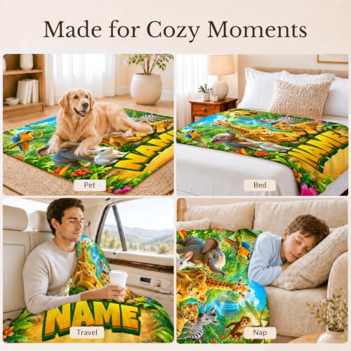 Personalized Kids Blanket for Boys - Animal Design, Yellow, Custom Name Gift