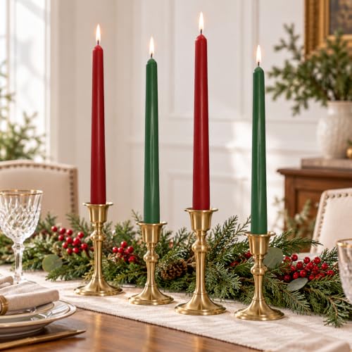 Christmas Red Green Taper Candles Set of 4 - 10 Inch Unscented Holiday Decor