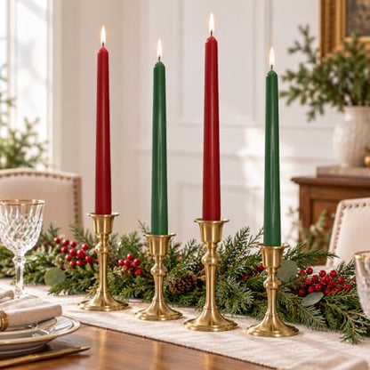 Christmas Red Green Taper Candles Set of 4 - 10 Inch Unscented Holiday Decor