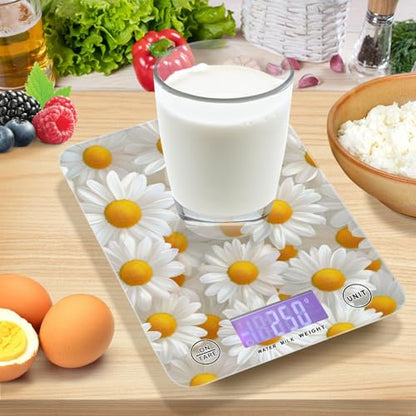 QwThum Food Scale Kitchen Digital Scale Food Ounces and Grams Dieting Baking Cooking Waterproof Glass Panels LCD Display,4 Units Scale Tare Function Daisy White