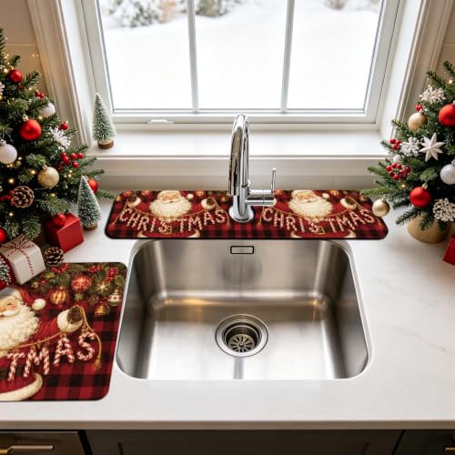 Christmas Santa Claus Sink Splash Guard Mat Set - 3 Pcs Kitchen & Bathroom Absorbing Mats