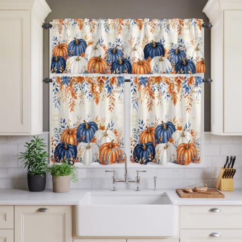 Navy Blue Pumpkin Fall Kitchen Curtain Set - Small Half Curtains with Valance, 24 Inch Length - Pack of 3