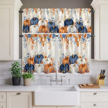 Navy Blue Pumpkin Fall Kitchen Curtain Set - Small Half Curtains with Valance, 24 Inch Length - Pack of 3