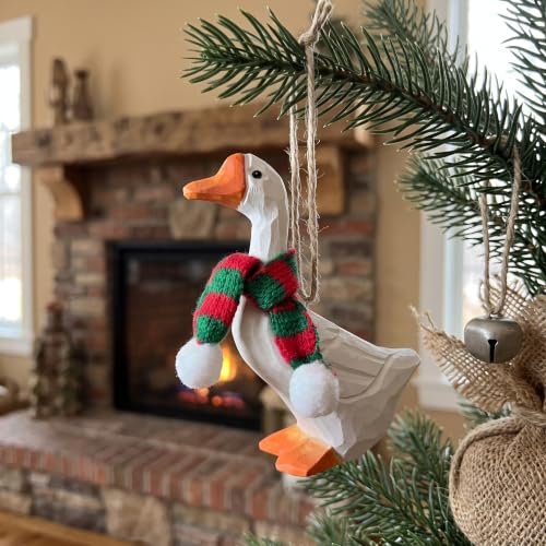 Wooden Goose Christmas Ornament with Knit Scarf - Rustic Holiday Decor