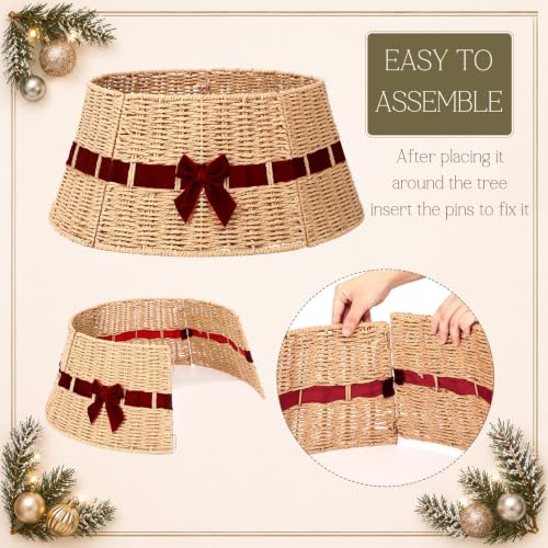 Christmas Tree Collar Basket with Red Velvet Bow 23.6" Wicker Base Cover Rustic - Variation of Red Velvet