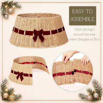 Christmas Tree Collar Basket with Red Velvet Bow 23.6" Wicker Base Cover Rustic - Variation of Red Velvet