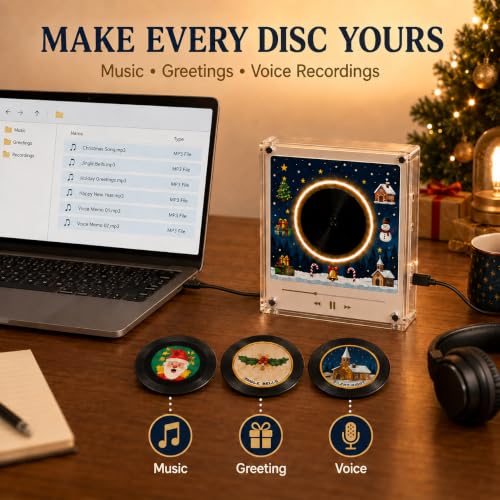 Black Christmas Mini Vinyl Record Player with NFC Discs & LED Glow - Magnetic Fridge Music Box