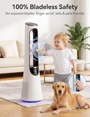 White 38-Inch Bladeless Tower Fan with 5-Color Night Light, 20 Speeds & Remote