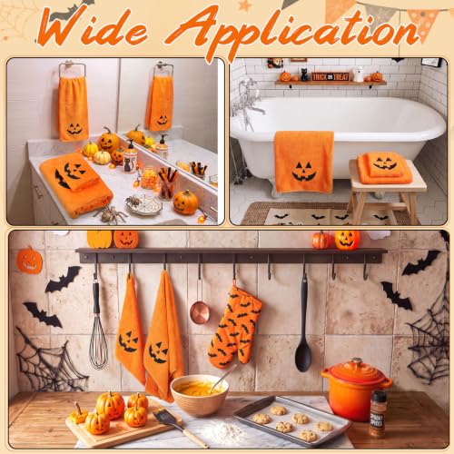 Halloween Towels Set - 3 Pcs Embroidered Pumpkin Face Orange Bathroom Decor