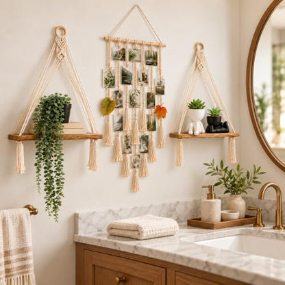 6-Piece Boho Wall Decor Set with Macrame Shelves and Fake Plants