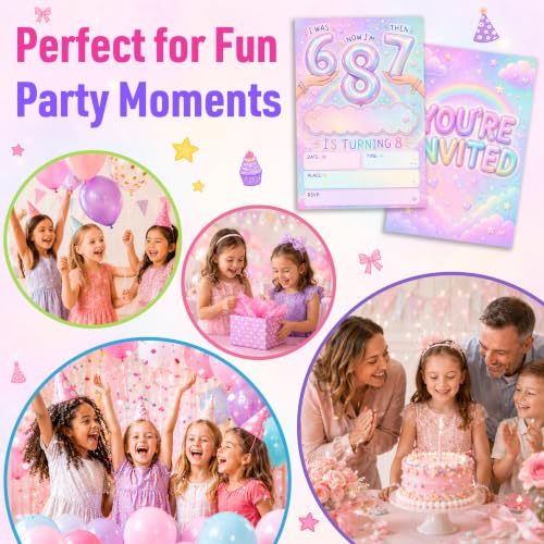 8th Birthday Invitations Rainbow Balloon Party Invites Pink - Pastel Rainbow Variation