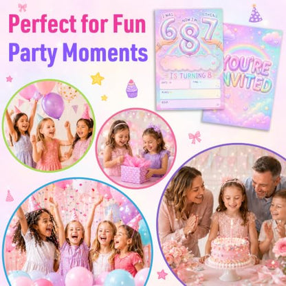 8th Birthday Invitations Rainbow Balloon Party Invites Pink - Pastel Rainbow Variation