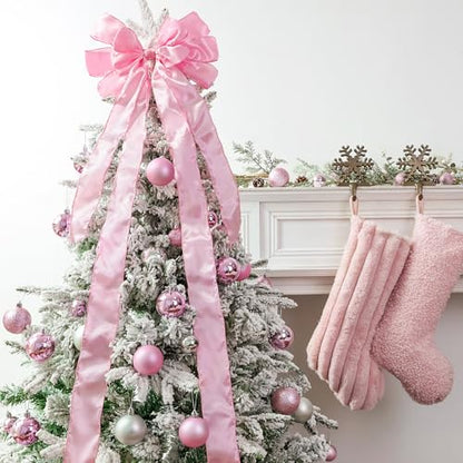 Pink Christmas Tree Topper Bow with Long Streamers - Large Holiday Decoration
