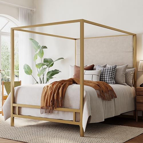 King Canopy Bed with Tall Linen Headboard and Gold Metal Frame - Tan & Gold, King Size