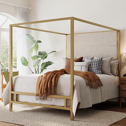 King Canopy Bed with Tall Linen Headboard and Gold Metal Frame - Tan & Gold, King Size