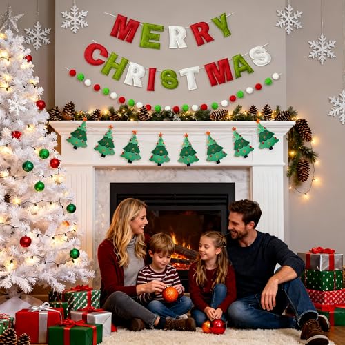 Christmas Felt Banner with Red Green Letters and Holiday Patterns - Moderate Variation