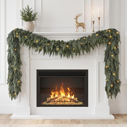 Green Cedar Garland with Lights - 9FT Real Touch Faux Evergreen, 2 Pack