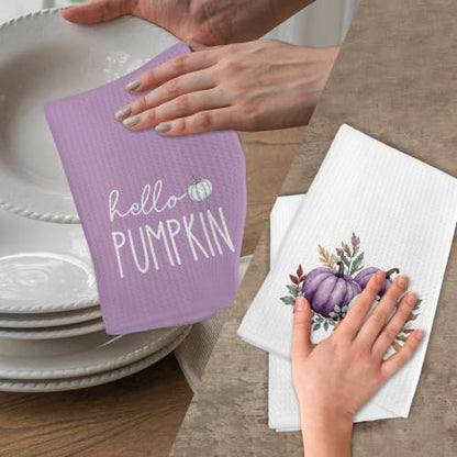 Fall Hello Pumpkin Kitchen Hand Towels Set of 2 - Purple Fall Theme, 16x24 Inches - Fall7 Variation