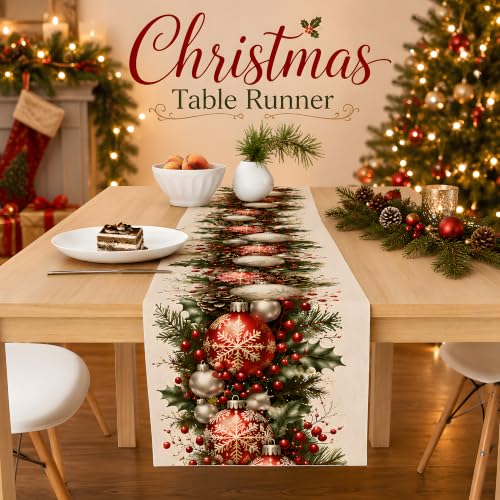 Christmas Decorations - Xmas Balls Snowflake Pine Cone Table Runner - Variation of Christmas Balls Snowflake