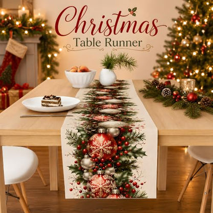 Christmas Decorations - Xmas Balls Snowflake Pine Cone Table Runner - Variation of Christmas Balls Snowflake
