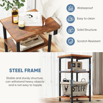 Rustic Brown Small End Table with 3 Shelves - Compact Nightstand for Small Spaces - 1 Pack