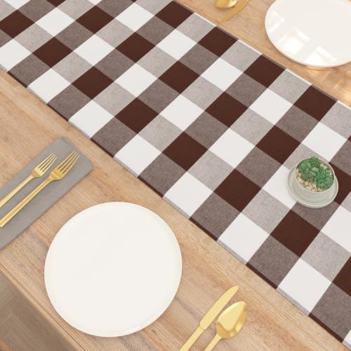 Buffalo Check Farmhouse Table Runner 12x60 Inches - Brown & White Plaid, Double-Sided