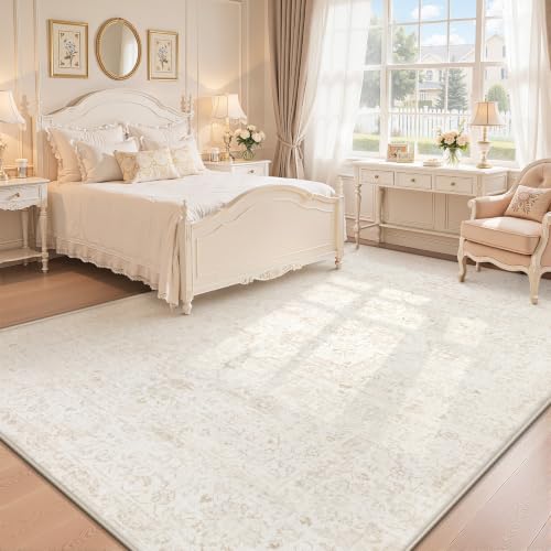 Beige 5' x 7' Washable Rug - Boho Vintage Non-Slip Indoor Carpet for Living Room