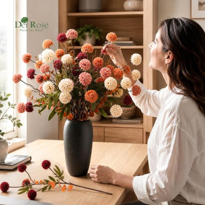 Artificial Fall Flowers with Vase - Burnt Orange Silk Mum Arrangement, 18 Pcs