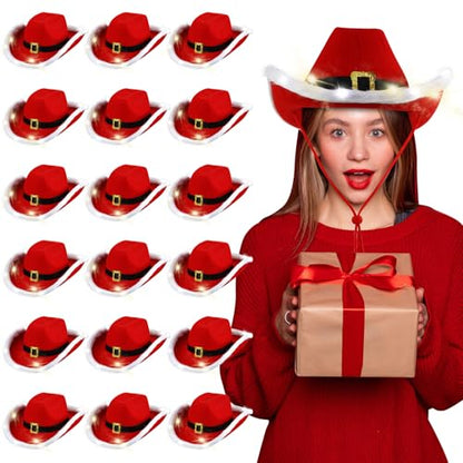 Suhine Christmas Cowboy Hats Light Up Santa Claus Cowgirl Hats Bulk - 18 Pack