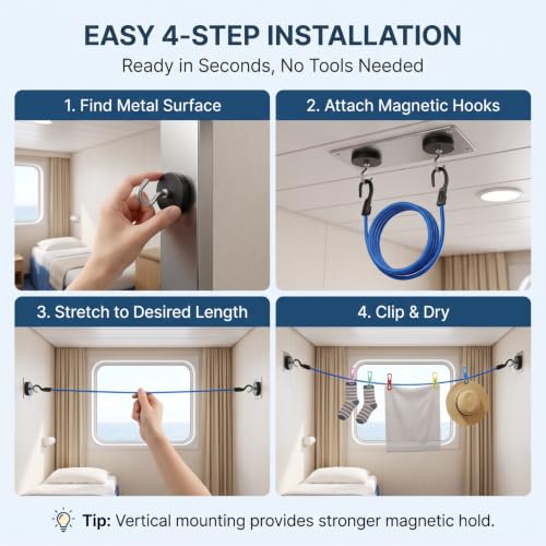 Magnetic Clothesline for Cruise Ships Adjustable Length Portable Laundry Line