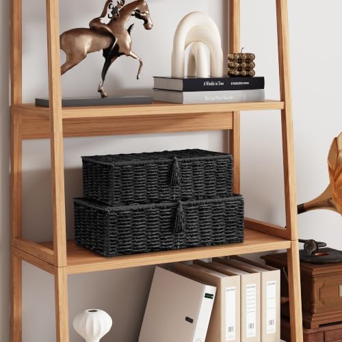 Black Wicker Storage Baskets with Lids - Set of 2 Handwoven Organizers