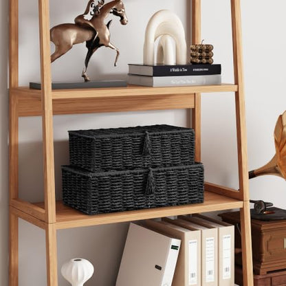 Black Wicker Storage Baskets with Lids - Set of 2 Handwoven Organizers