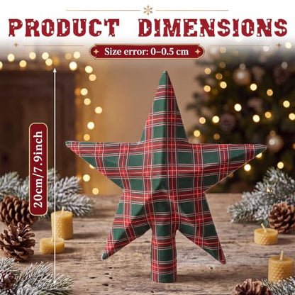 7.9 Inch Christmas Green Red Tartan Plaid Star Tree Topper - Rustic Holiday Decor