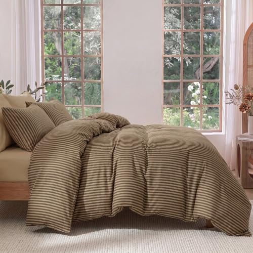 Fine Stripe Brown Duvet Cover Set - King Size 100% Cotton Sateen, 3 Pieces