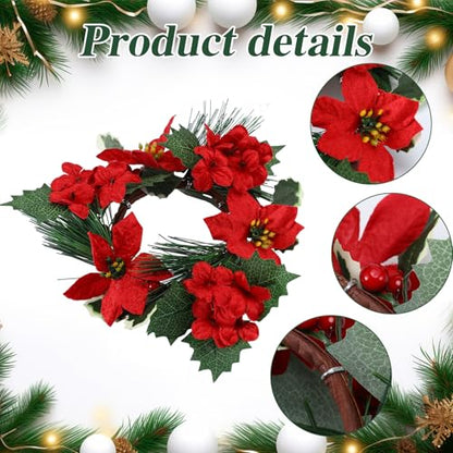 Christmas Candle Rings Set with Red Poinsettia and Pine Decor - 6 Pack
